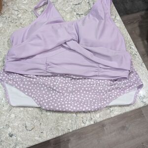 SHEIN Lilac Twist-Front Tankini with Polka Dot Bottoms